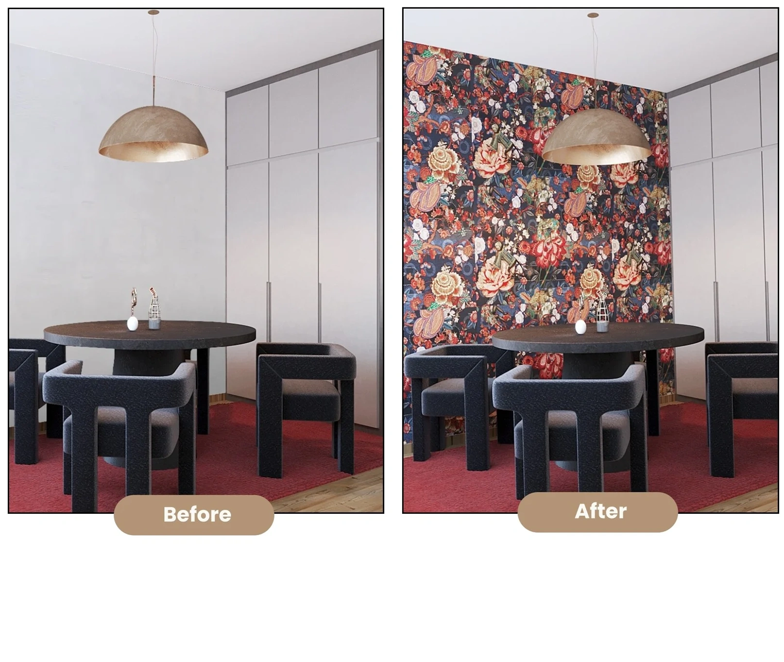 Plain dining room wall transformed with dark floral patterned wallpaper